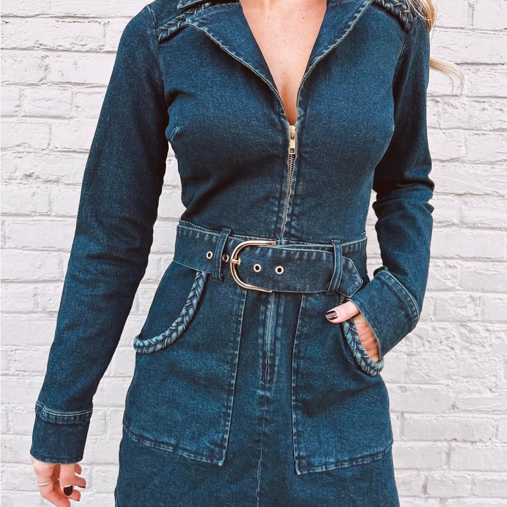 Deep Blue Denim outlaw long sleeve dress with Zipper and Long Sleeves